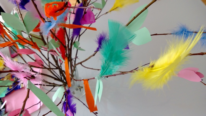 Several thin brown pussy willow branches in a bunch with many colorful feathers attached to them used in virvonta for Easter words beginning with letter V